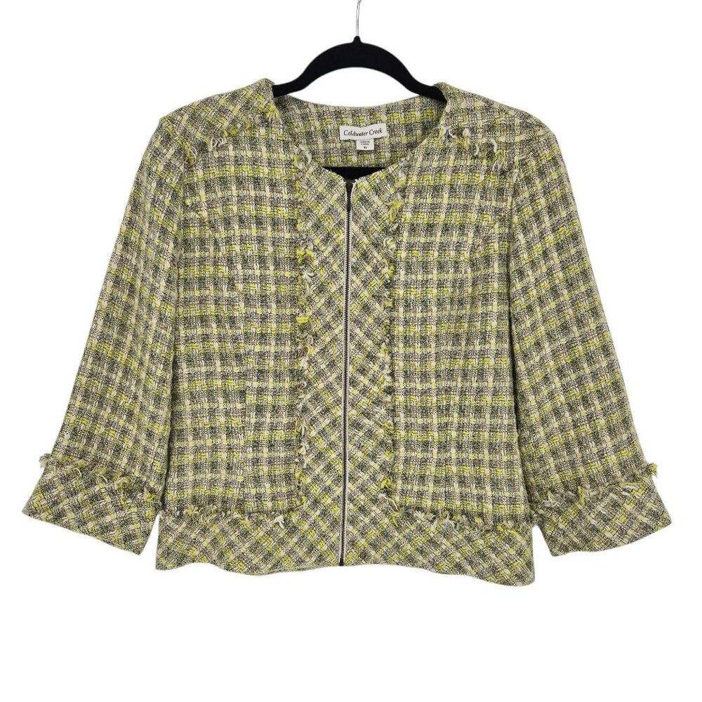 Coldwater creek womens size 10 yellow tan boucle tweed lined full zip jacket